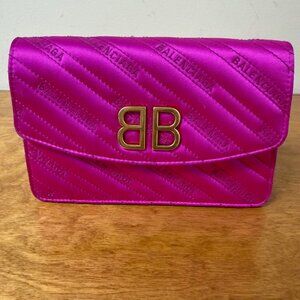 Balenciaga BB Chain Wallet on Chain Fuchsia Pink Quilted Satin Crossbody Bag Gol